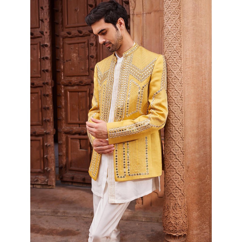 CONTRAST BY PARTH Yellow Seerat Jacket with Kurta and Pant (Set of 3)
