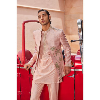 CONTRAST BY PARTH Pink Palm Jacket with Kurta and Pant (Set of 3)