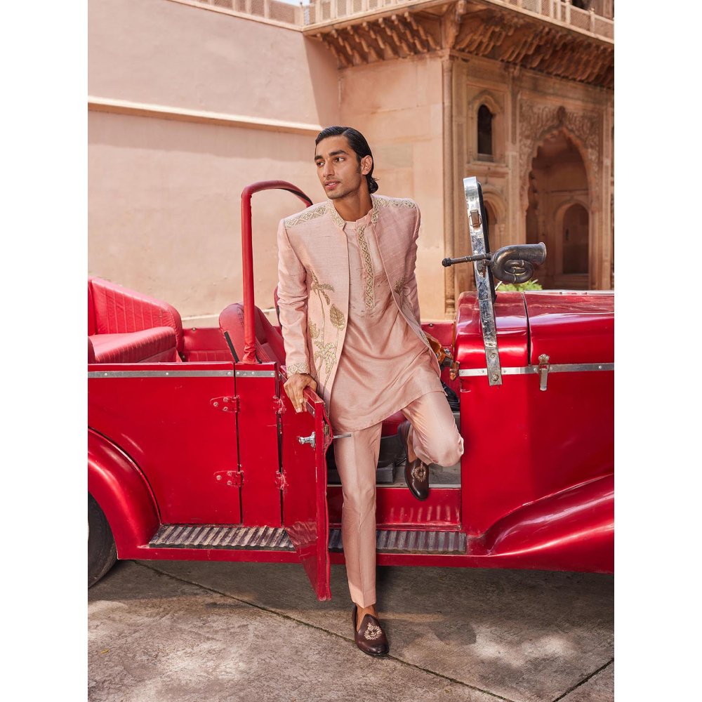 CONTRAST BY PARTH Pink Palm Jacket with Kurta and Pant (Set of 3)