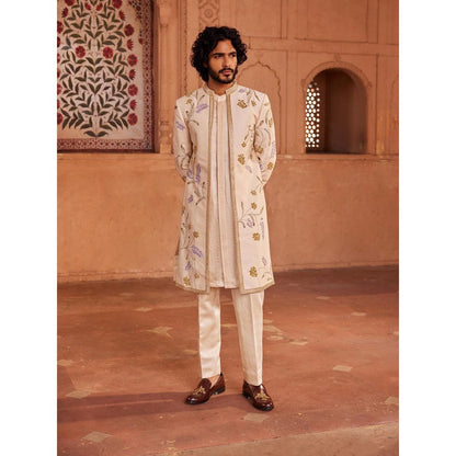 CONTRAST BY PARTH Ivory Jahan Open Sherwani with Kurta and Pant (Set of 3)