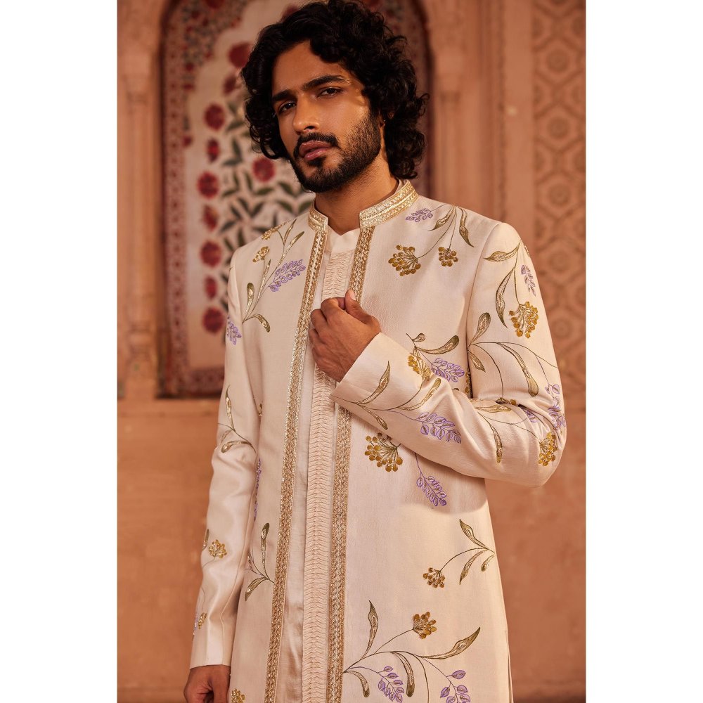 CONTRAST BY PARTH Ivory Jahan Open Sherwani with Kurta and Pant (Set of 3)