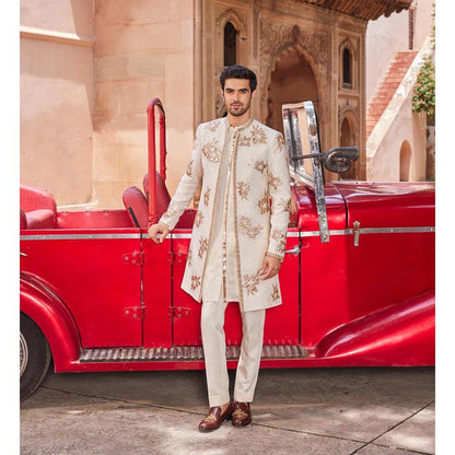 CONTRAST BY PARTH White Shaheen Open Sherwani with Kurta and Pant (Set of 3)