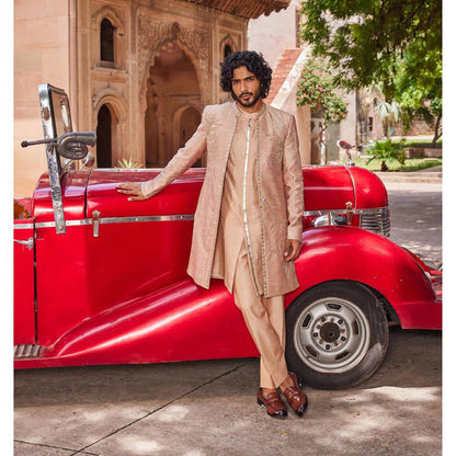 CONTRAST BY PARTH Peach Rabata Open Sherwani with Kurta and Pant (Set of 3)