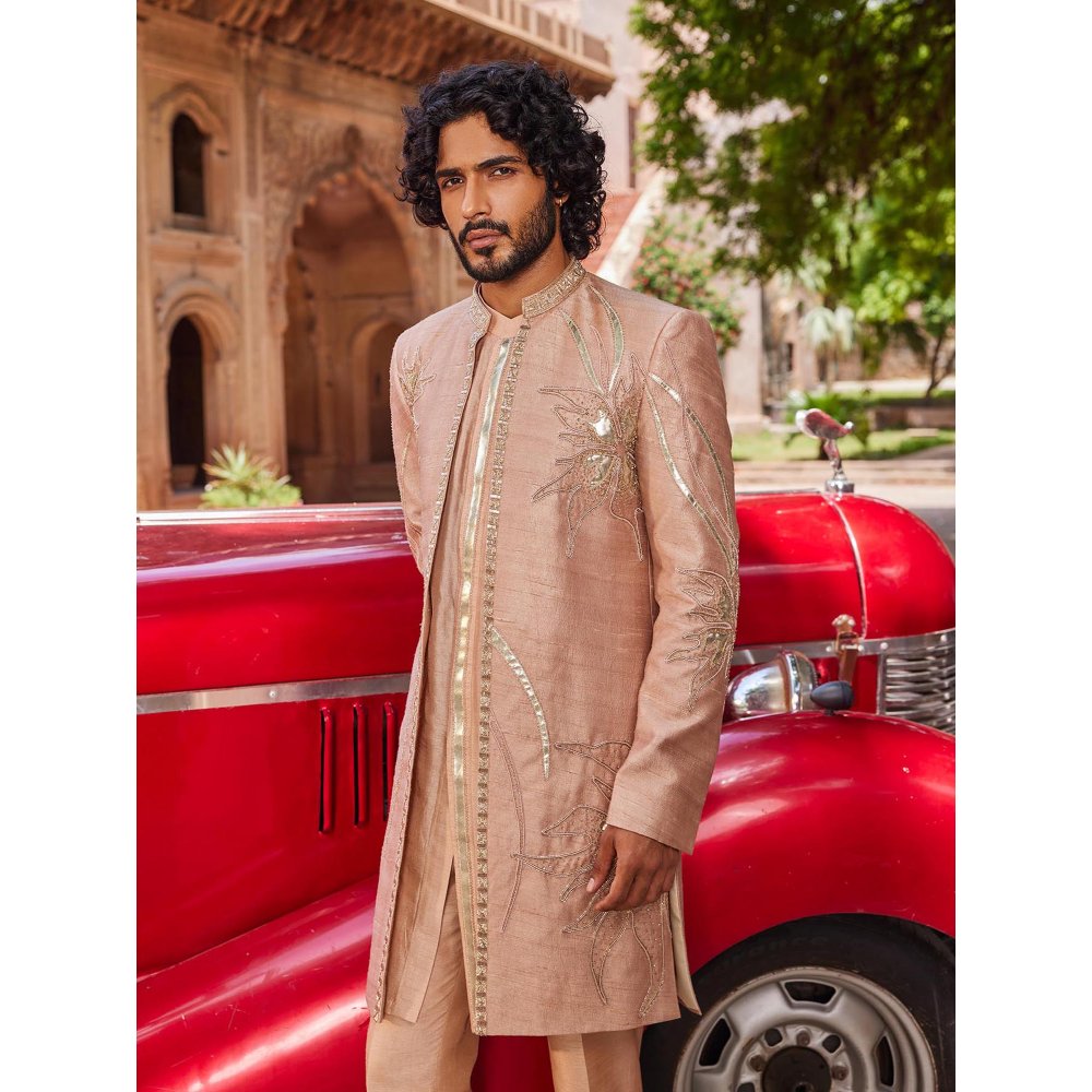CONTRAST BY PARTH Peach Rabata Open Sherwani with Kurta and Pant (Set of 3)