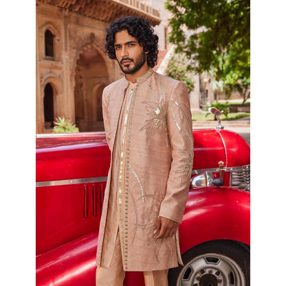 CONTRAST BY PARTH Peach Rabata Open Sherwani with Kurta and Pant (Set of 3)