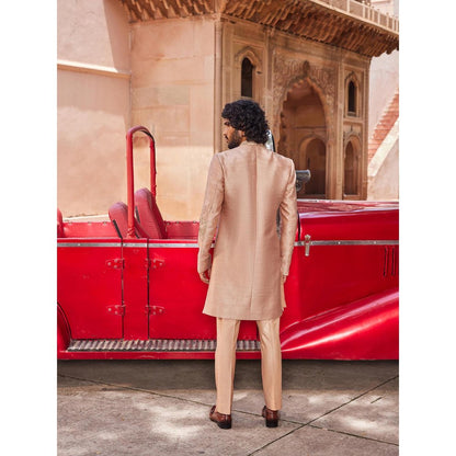 CONTRAST BY PARTH Peach Rabata Open Sherwani with Kurta and Pant (Set of 3)