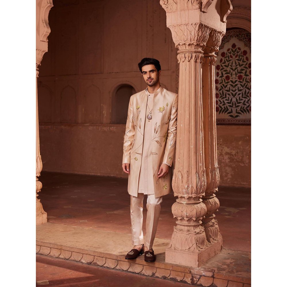 CONTRAST BY PARTH Beige Bageecha Open Sherwani with Kurta and Pant (Set of 3)