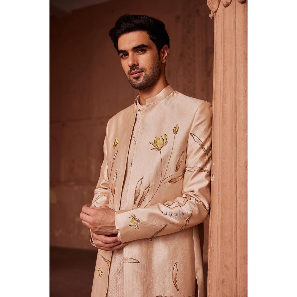 CONTRAST BY PARTH Beige Bageecha Open Sherwani with Kurta and Pant (Set of 3)