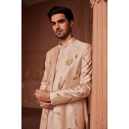 CONTRAST BY PARTH Beige Bageecha Open Sherwani with Kurta and Pant (Set of 3)