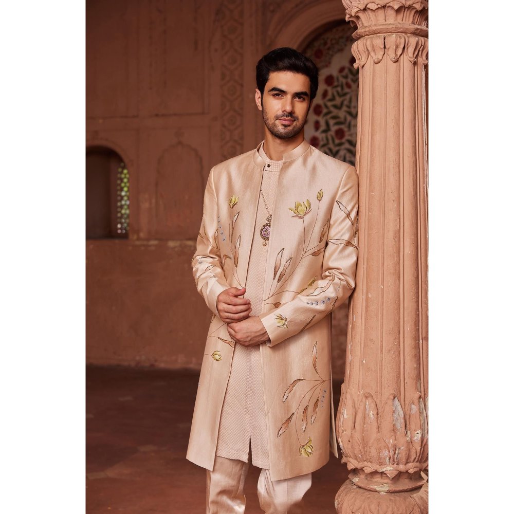CONTRAST BY PARTH Beige Bageecha Open Sherwani with Kurta and Pant (Set of 3)