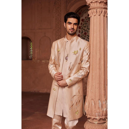 CONTRAST BY PARTH Beige Bageecha Open Sherwani with Kurta and Pant (Set of 3)