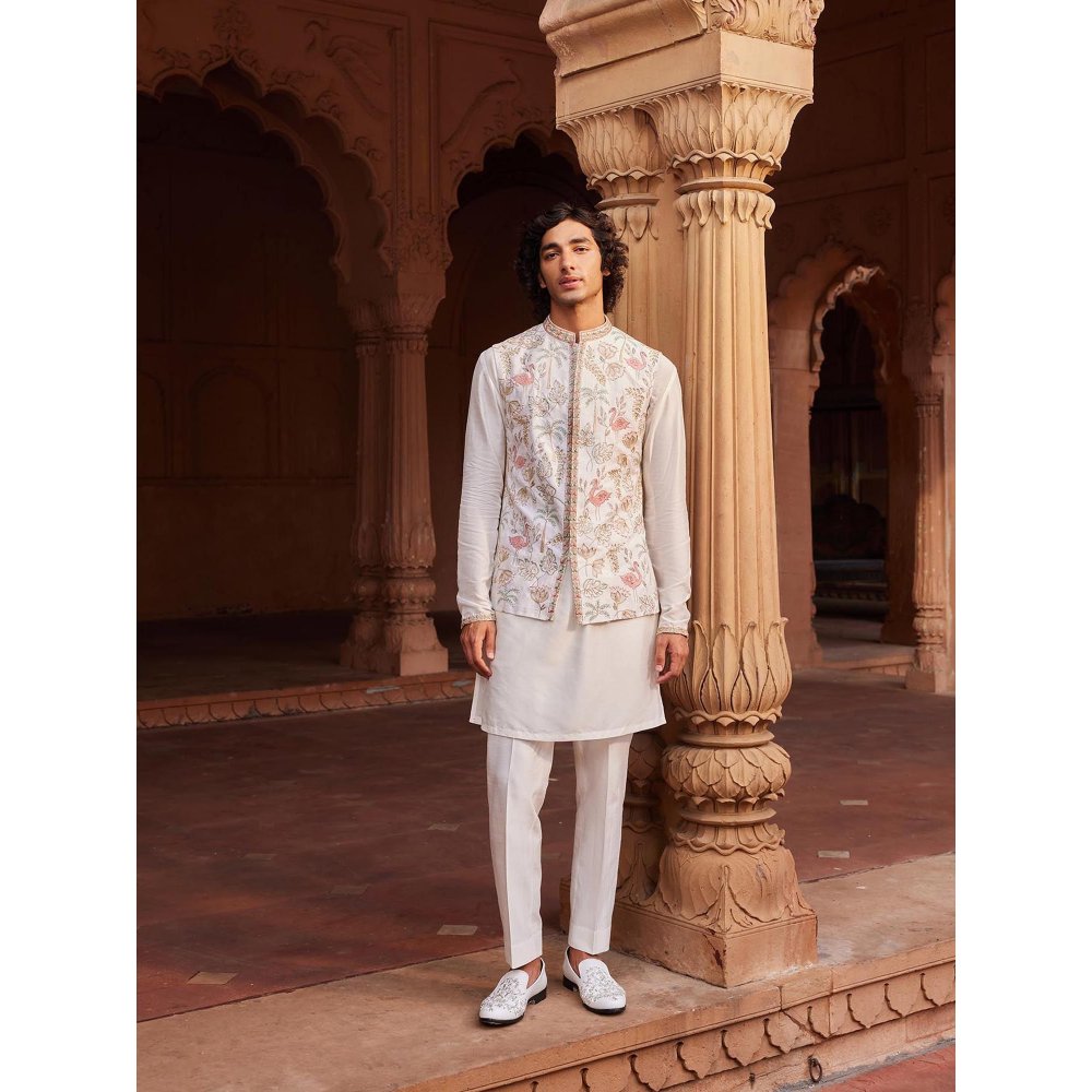 CONTRAST BY PARTH White Flamingo Nehru Jacket with Kurta and Pant (Set of 3)