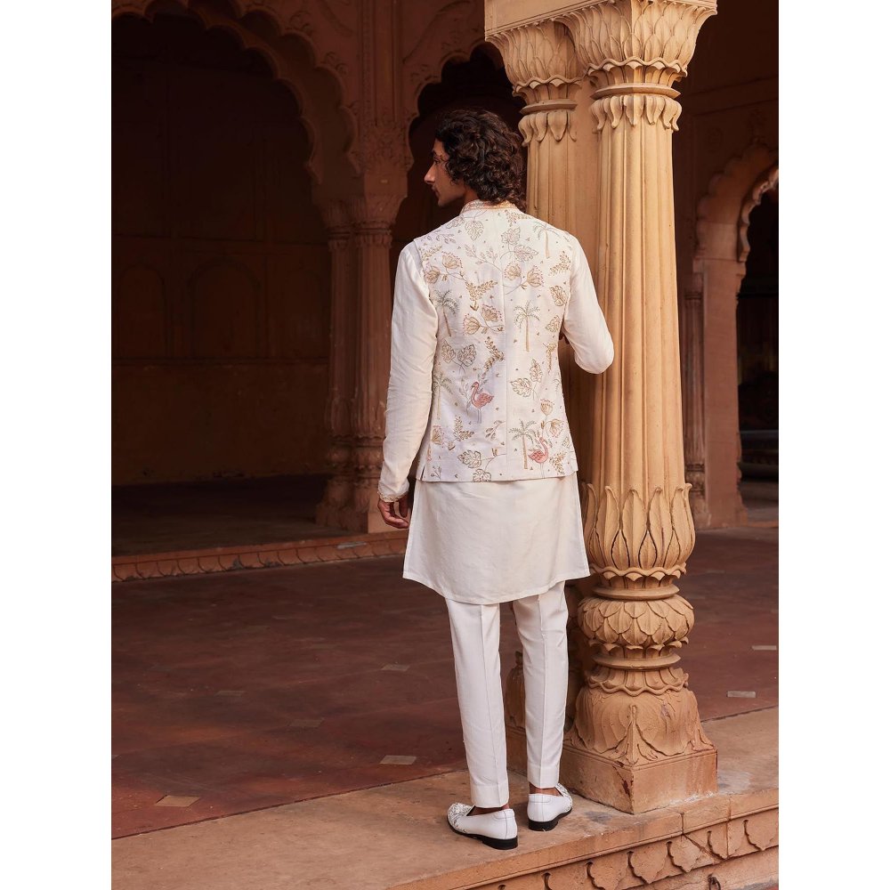 CONTRAST BY PARTH White Flamingo Nehru Jacket with Kurta and Pant (Set of 3)