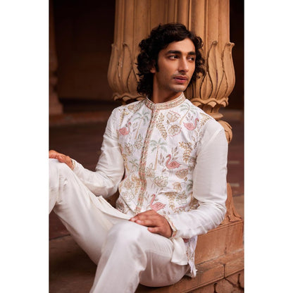 CONTRAST BY PARTH White Flamingo Nehru Jacket with Kurta and Pant (Set of 3)