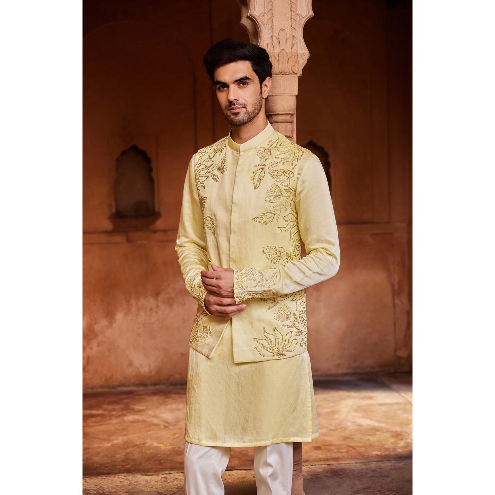 CONTRAST BY PARTH Yellow Rooh Nehru Jacket with Kurta and Pant (Set of 3)