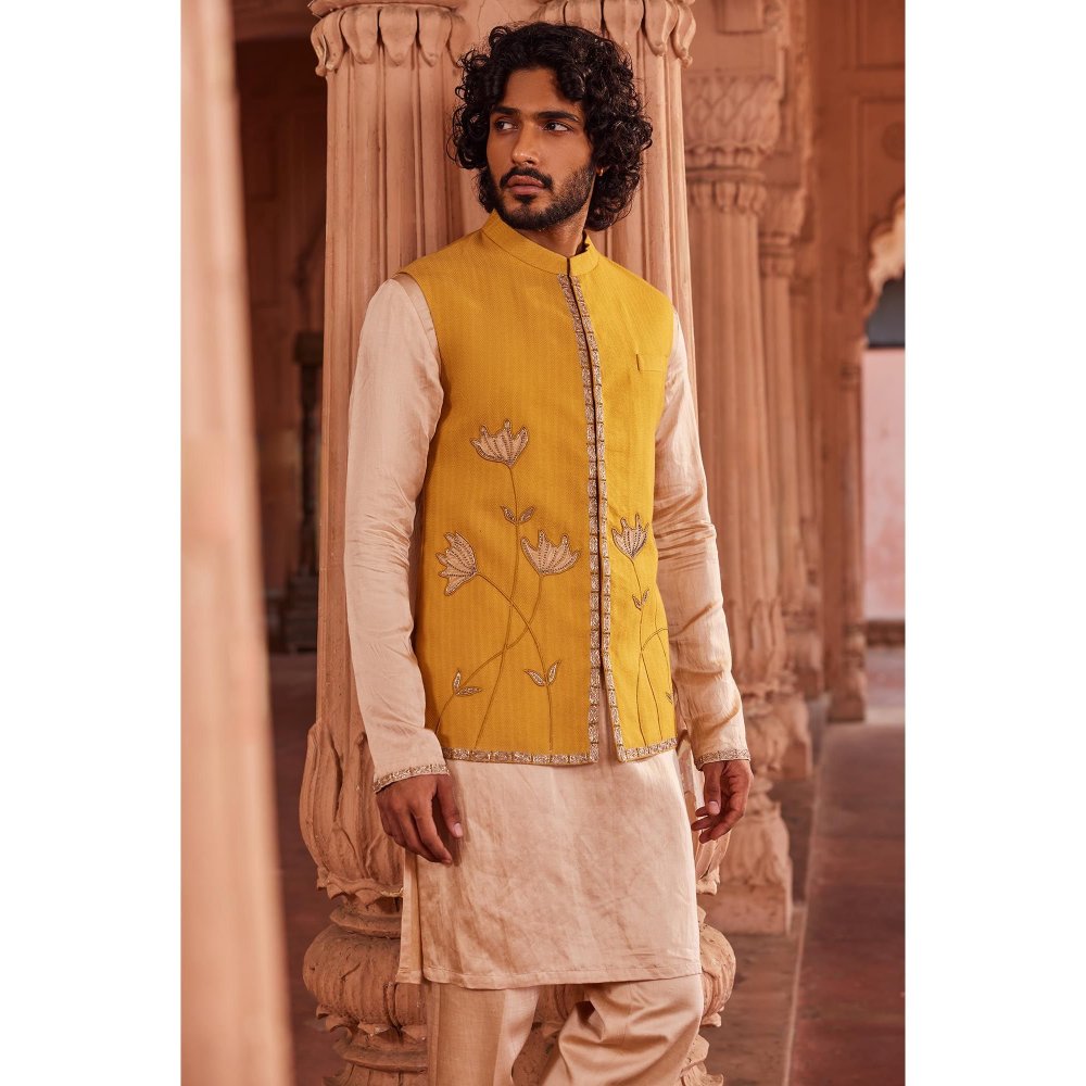 CONTRAST BY PARTH Yellow Marigold Nehru Jacket with Kurta and Pant (Set of 3)