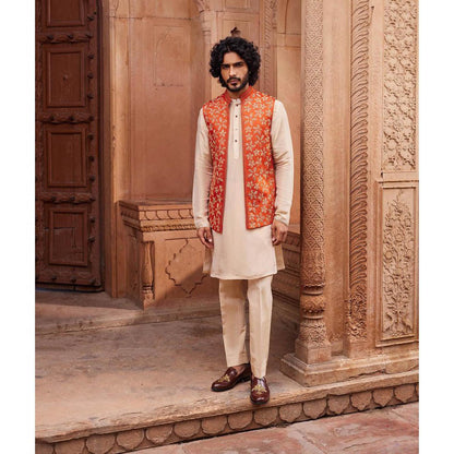 CONTRAST BY PARTH Rust Floral Nehru Jacket with Kurta and Pant (Set of 3)