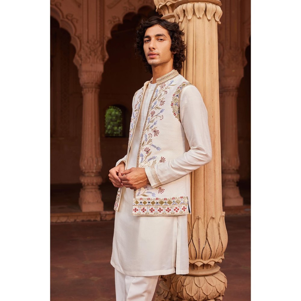 CONTRAST BY PARTH Ivory Amreen Nehru Jacket with Kurta and Pant (Set of 3)