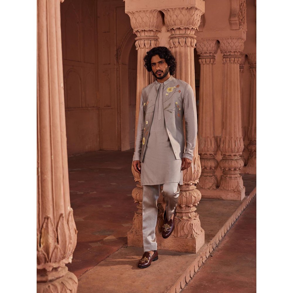 CONTRAST BY PARTH Taupe Hand Paint Nehru Jacket with Kurta and Pant (Set of 3)