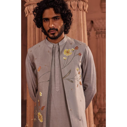 CONTRAST BY PARTH Taupe Hand Paint Nehru Jacket with Kurta and Pant (Set of 3)