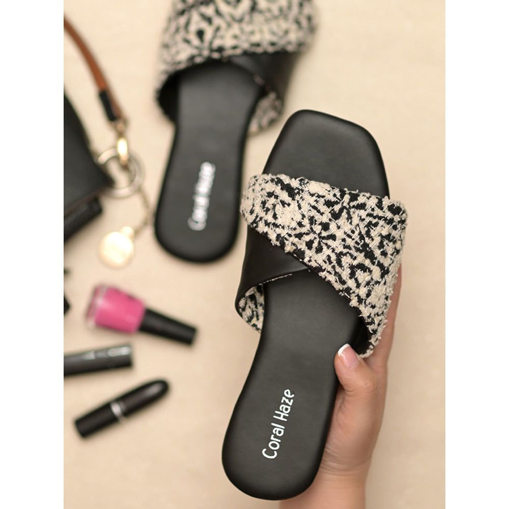 Coral Haze Black and White Jacquard Strap Flats