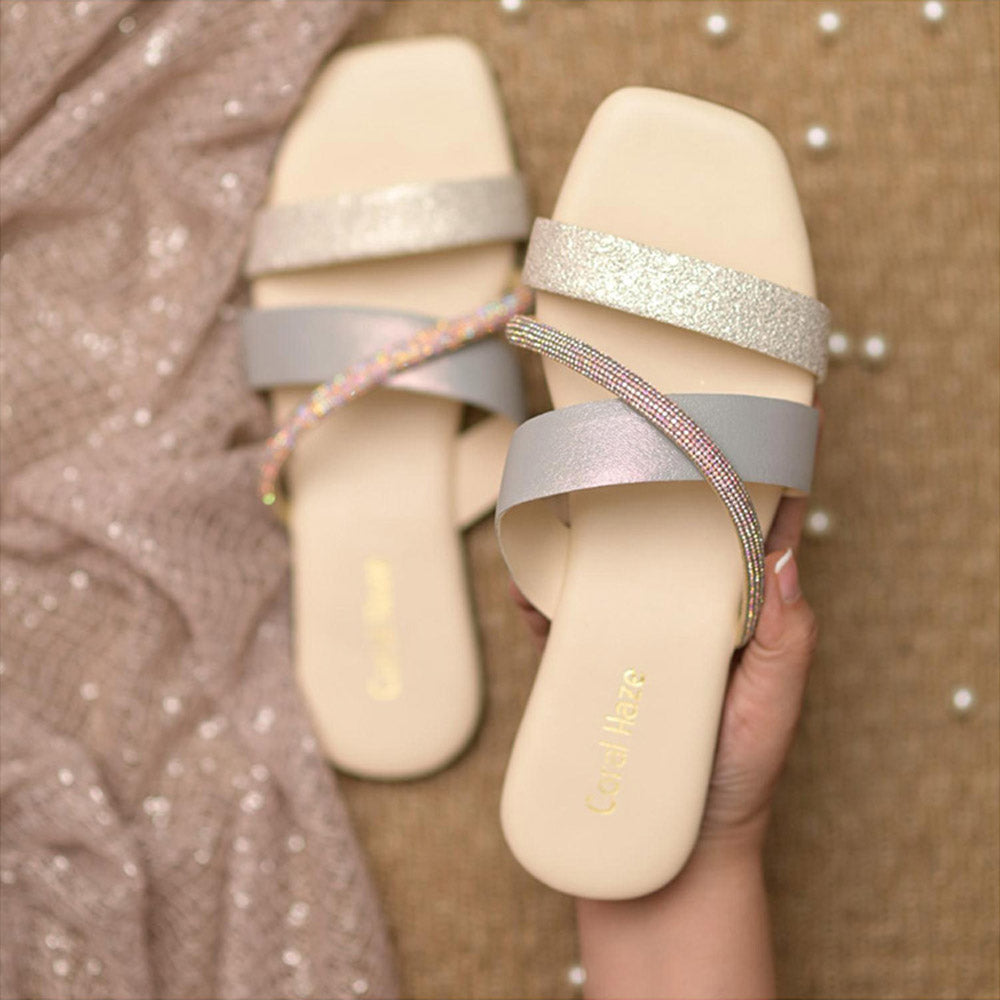 Coral Haze Metallic Ivory and Silver Criss Cross Straps Flats with Crystal Strap Detailing