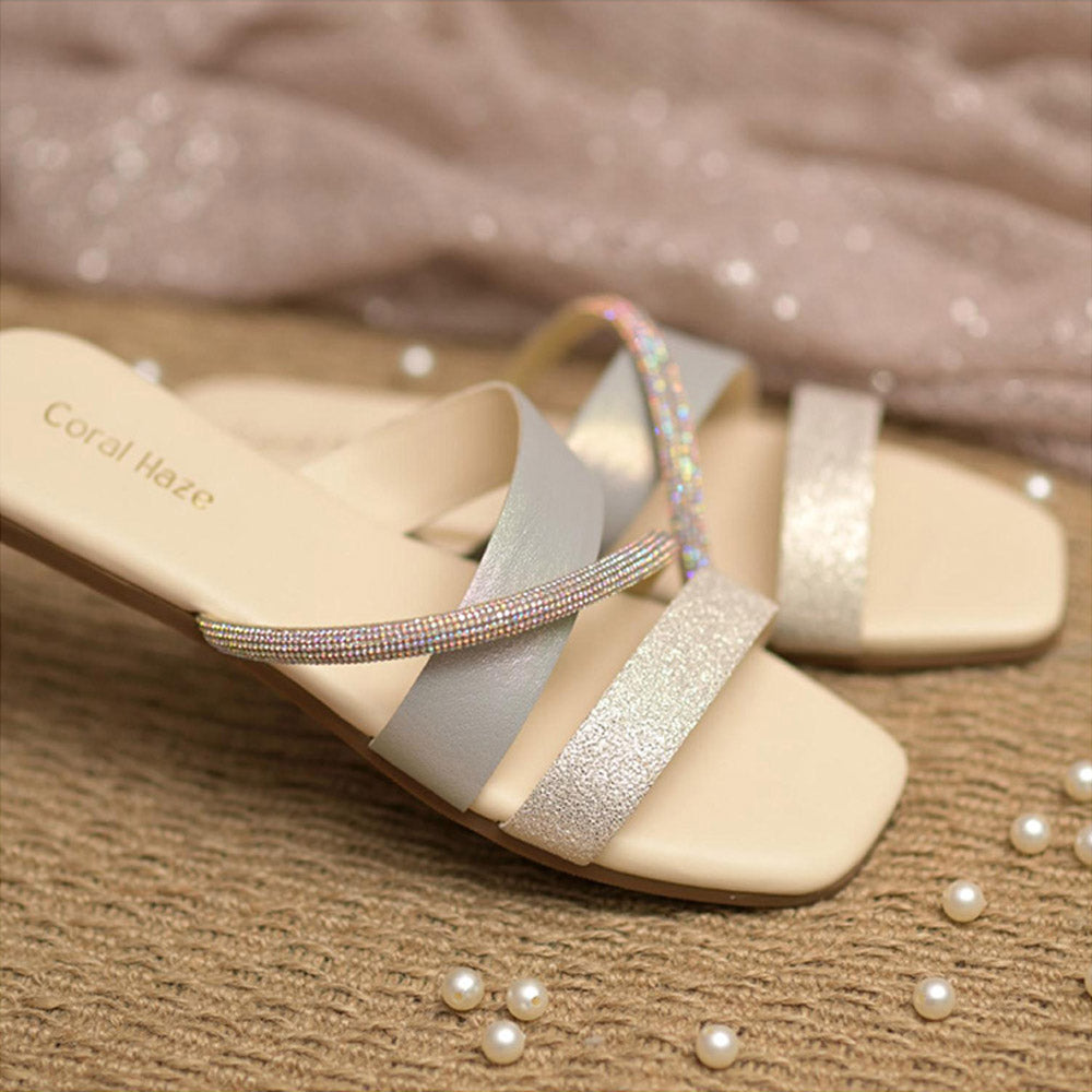 Coral Haze Metallic Ivory and Silver Criss Cross Straps Flats with Crystal Strap Detailing