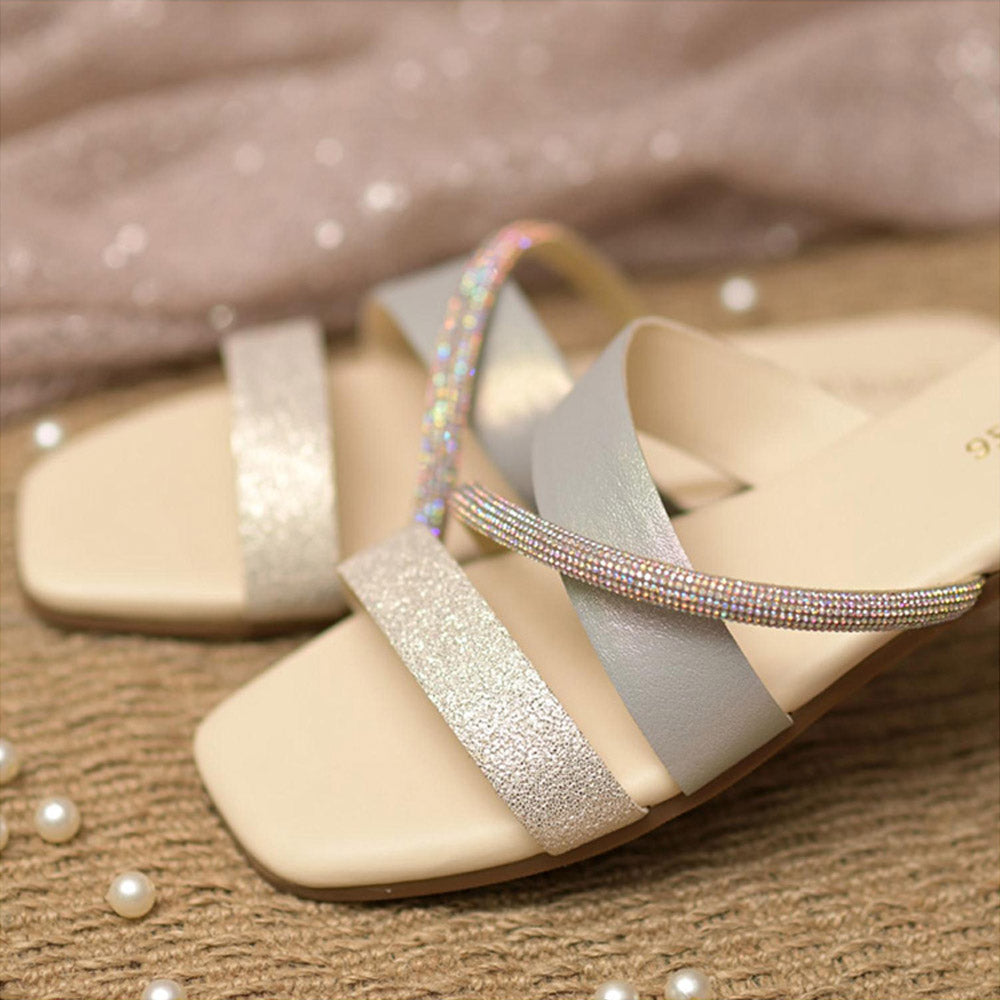 Coral Haze Metallic Ivory and Silver Criss Cross Straps Flats with Crystal Strap Detailing