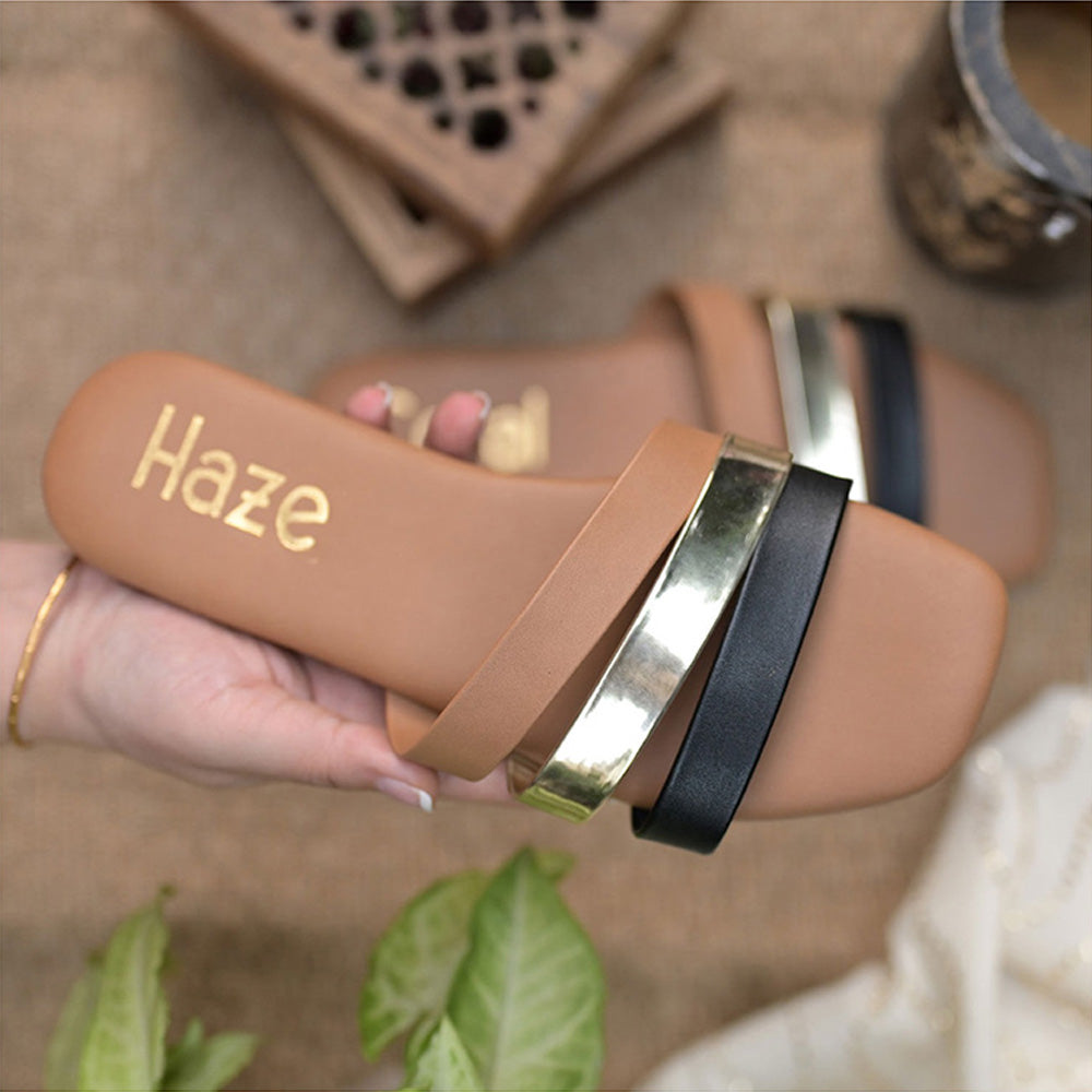 Coral Haze Tan-Silver And Black Leatherite Strappy Flat Sandals