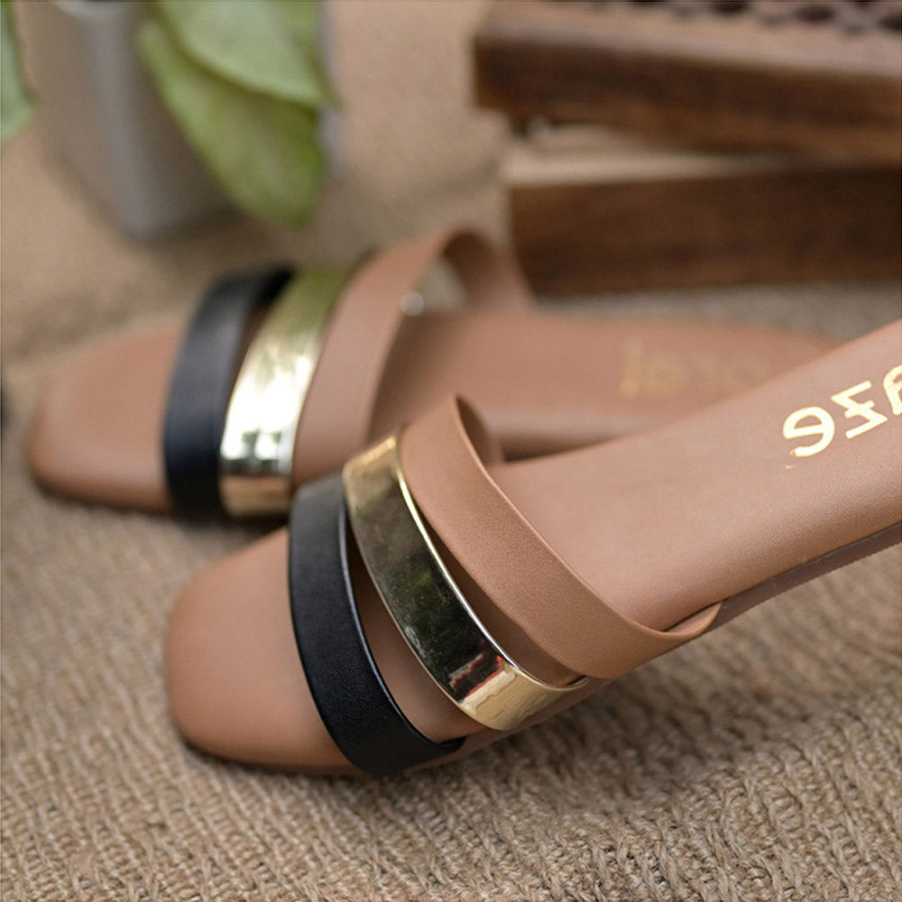 Coral Haze Tan-Silver And Black Leatherite Strappy Flat Sandals