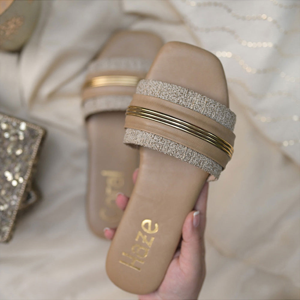 Coral Haze Beige And Ivory Jacquard Thick Strap Flat Sandals With Gold Detailing