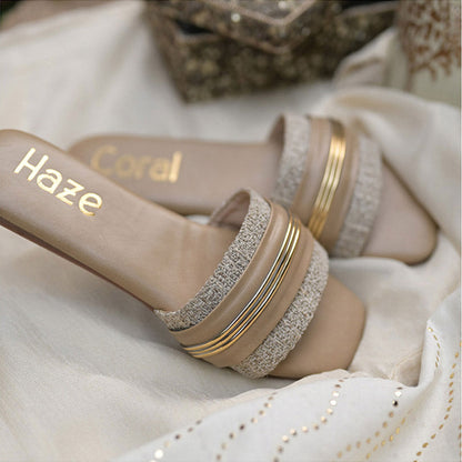 Coral Haze Beige And Ivory Jacquard Thick Strap Flat Sandals With Gold Detailing