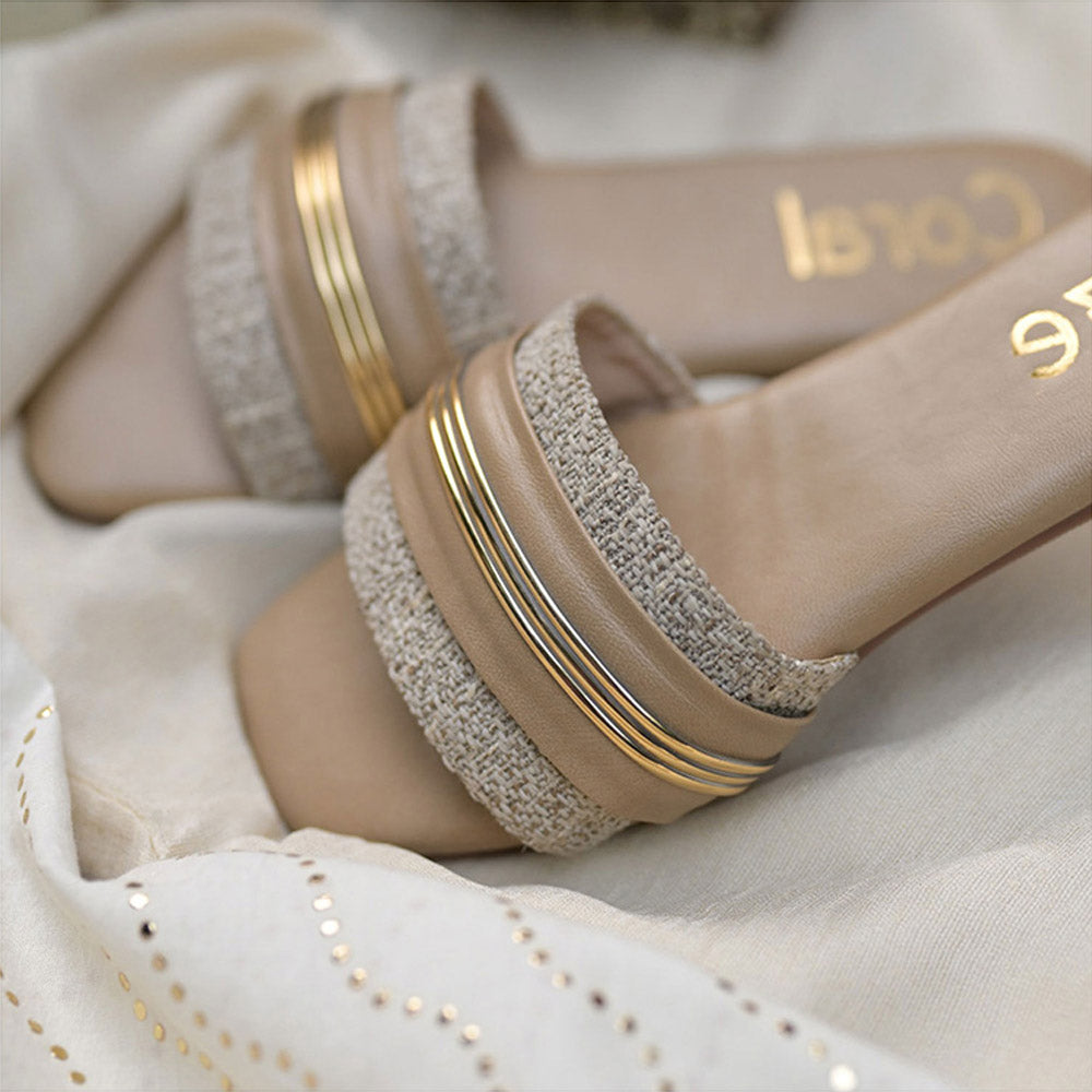 Coral Haze Beige And Ivory Jacquard Thick Strap Flat Sandals With Gold Detailing