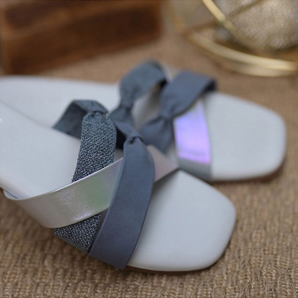 Coral Haze Denim Blue Jacquard And Leatherite With Grey Silver Flats