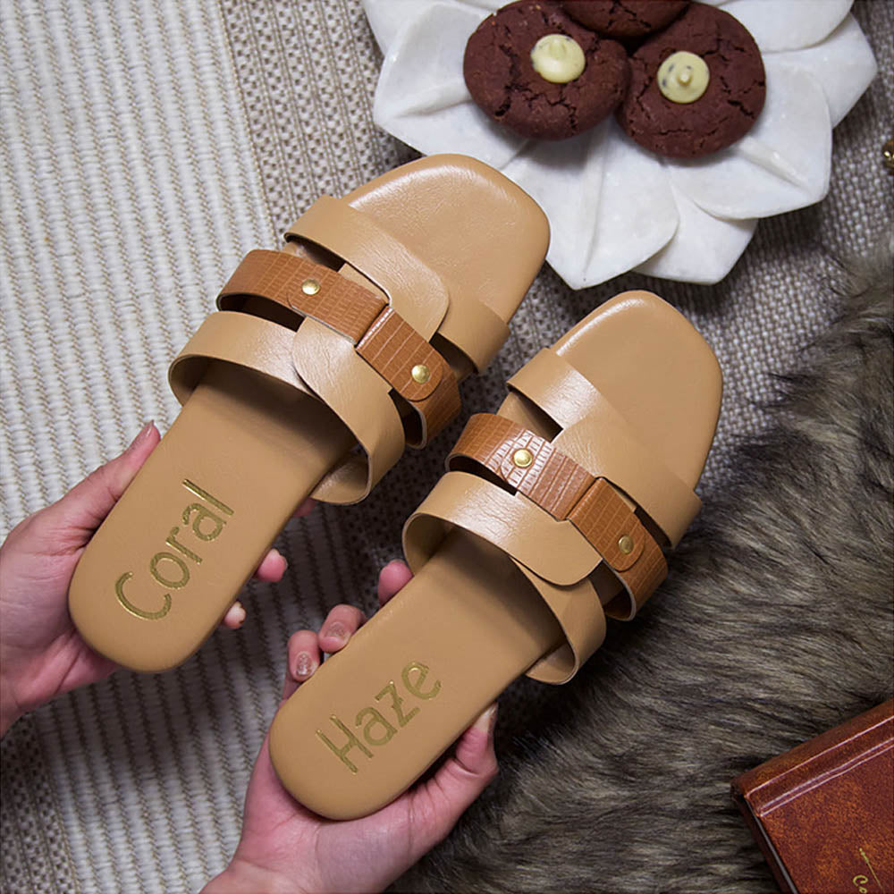 Coral Haze Beige And Tan Leatherite Multiple Straps Flats