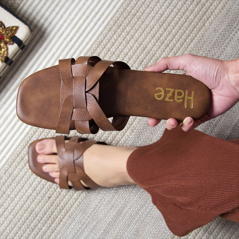 Coral Haze Dark Brown Leatherite Multiple Straps Flats