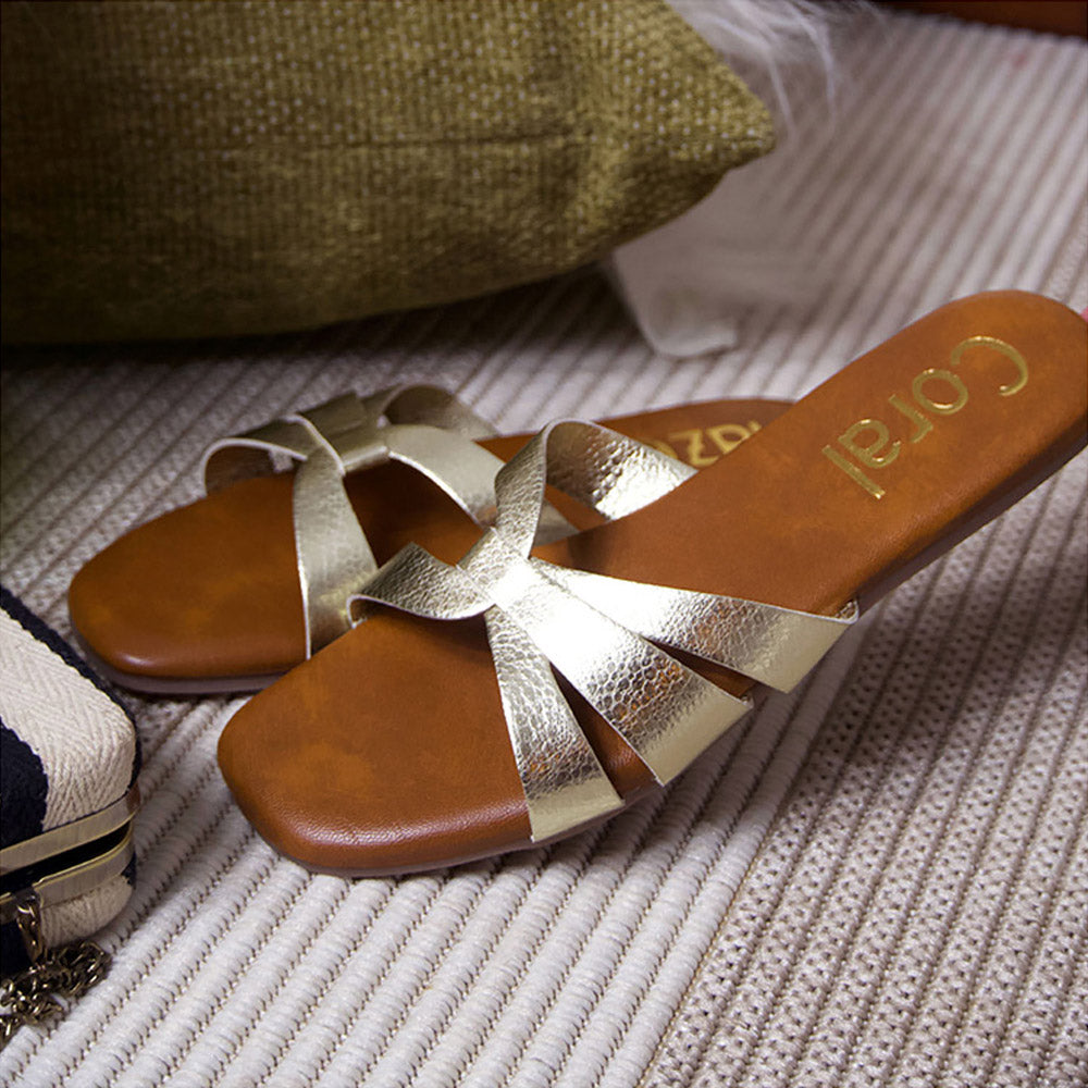 Coral Haze Gold Leatherite Strappy Flats