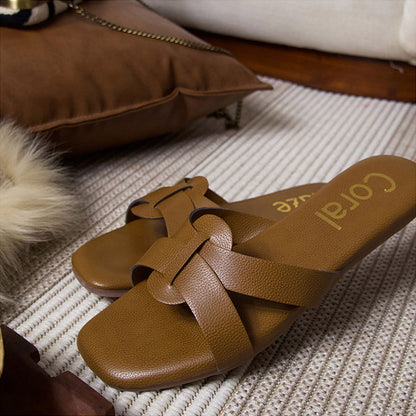 Coral Haze Camel Tan Leatherite Strappy Flats