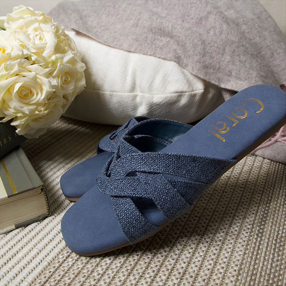 Coral Haze Denim Blue Jacquard Multiple Straps Flats