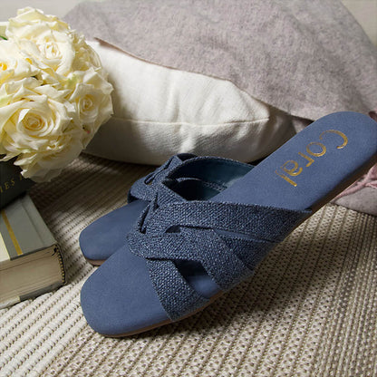 Coral Haze Denim Blue Jacquard Multiple Straps Flats