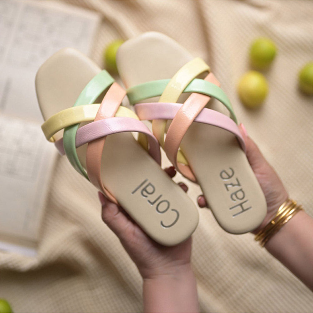 Coral Haze Pastel Multi Coloured Flats with Multiple Straps Set In A Criss Cross Pattern