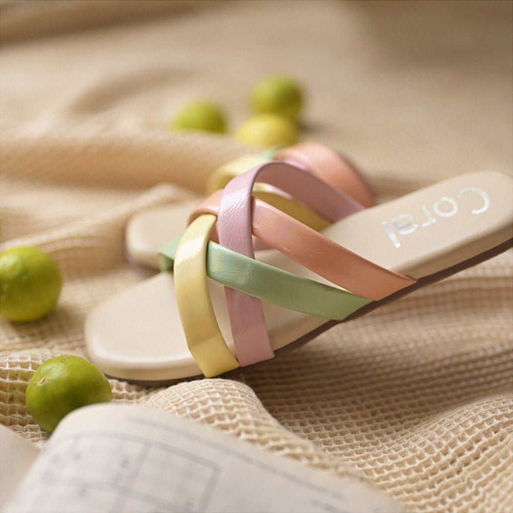 Coral Haze Pastel Multi Coloured Flats with Multiple Straps Set In A Criss Cross Pattern