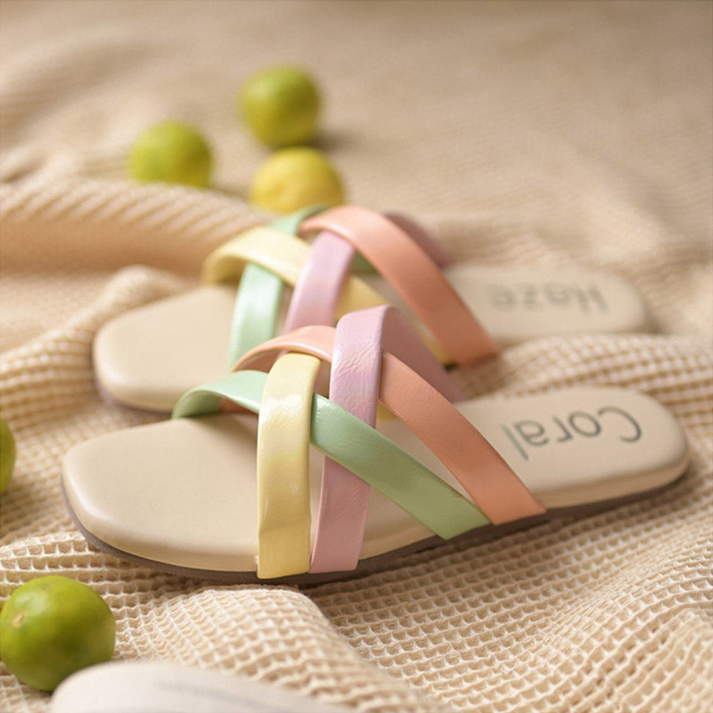 Coral Haze Pastel Multi Coloured Flats with Multiple Straps Set In A Criss Cross Pattern