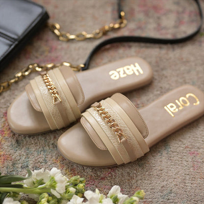 Coral Haze Beige Flats with Layered Straps & Chain Detailing