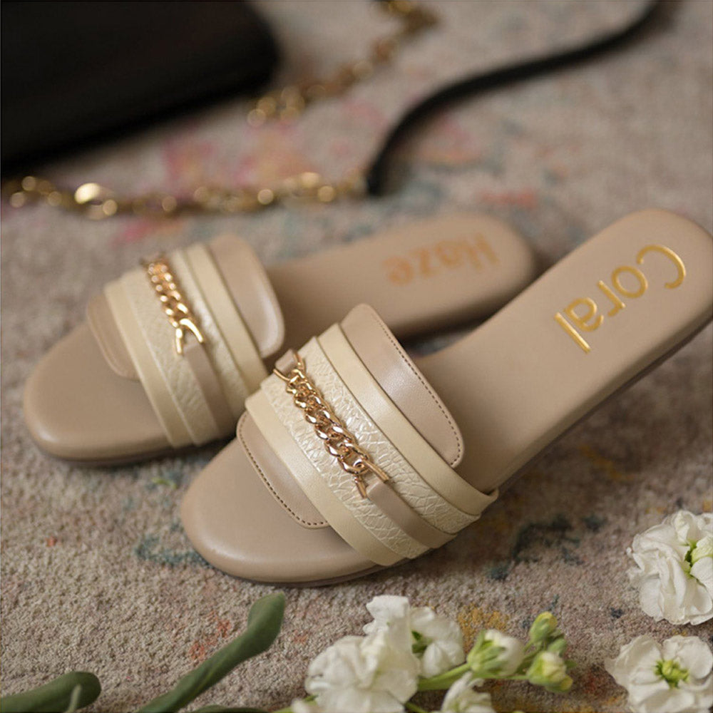 Coral Haze Beige Flats with Layered Straps & Chain Detailing