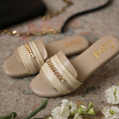 Coral Haze Beige Flats with Layered Straps & Chain Detailing
