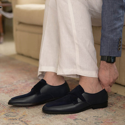 Coral Haze Navy Blue Velvet and Faux Leather Loafers