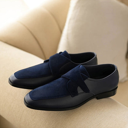 Coral Haze Navy Blue Velvet and Faux Leather Loafers