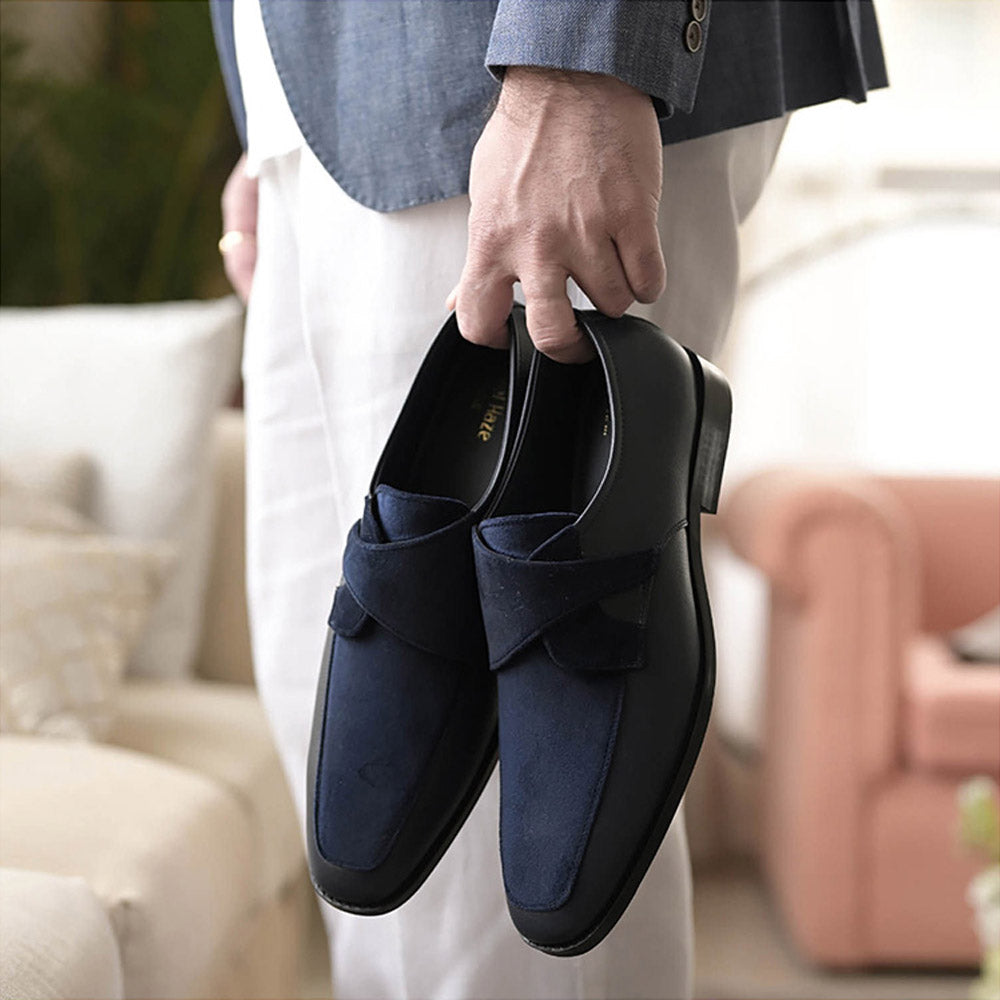 Coral Haze Navy Blue Velvet and Faux Leather Loafers