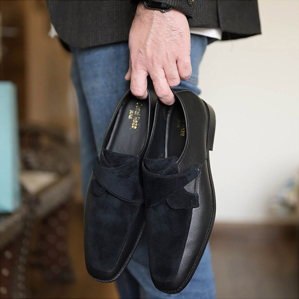 Coral Haze Black Velvet and Faux Leather Loafers